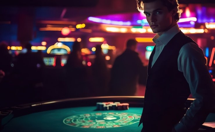 Tampilan studio Lightning Roulette dengan dealer langsung dan roda roulette elektronik